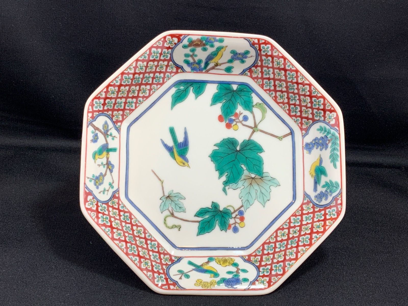 九谷焼　青郊窯　花鳥図　八角皿銘々皿　5枚組 九谷焼 青郊窯 花鳥図 八角皿 銘々皿 中皿 色絵 赤絵 取り皿 古伊万里
