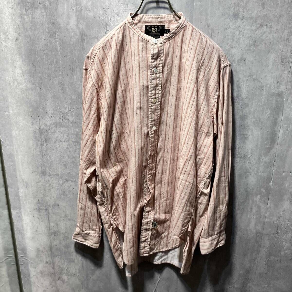 90 s RRL RALPH LAUREN ノーカラーストライププリントシャツ Mサイズ ダブルアールエルラルフローレン