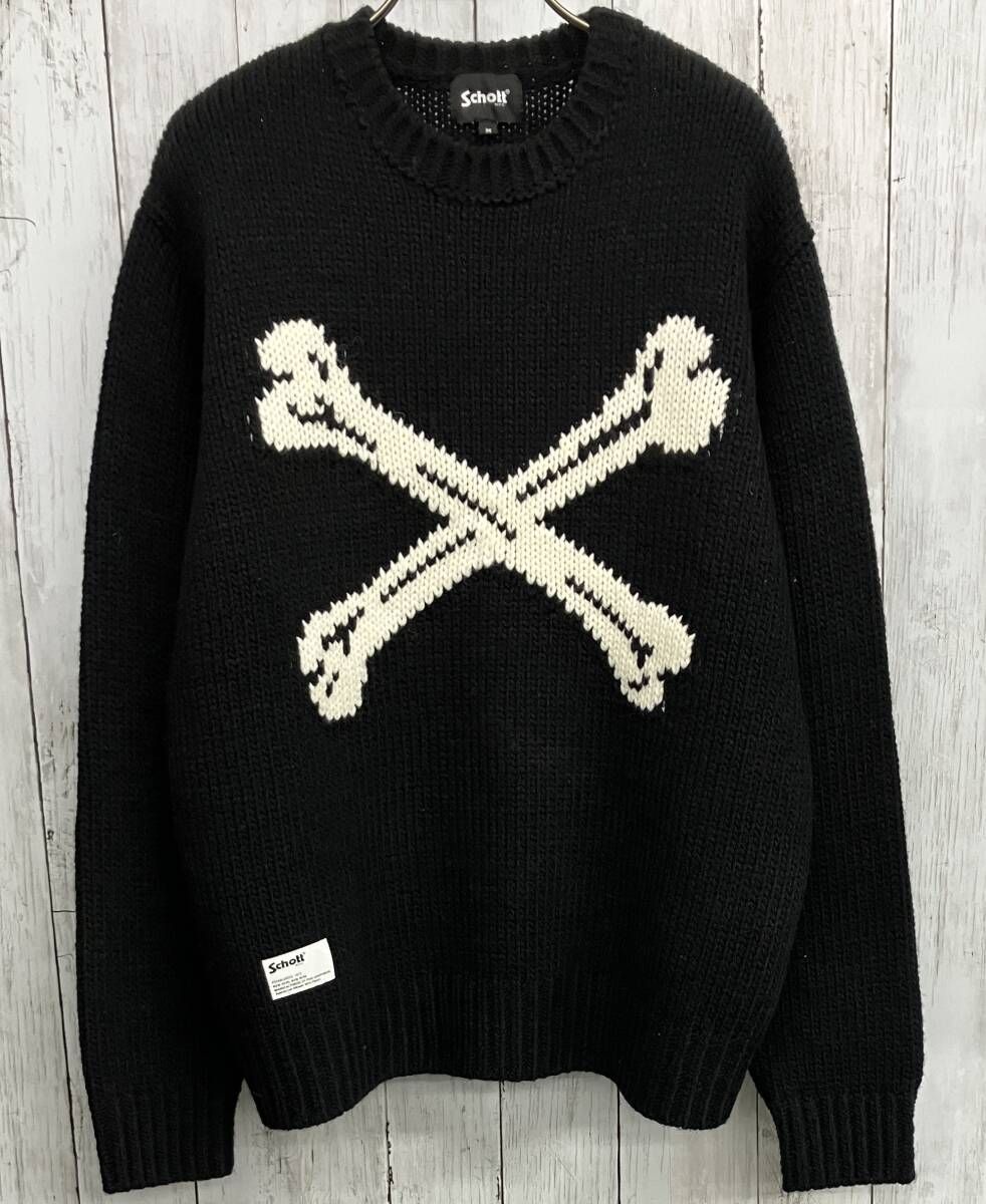 Schott CROSS BONE KNIT ショット 長袖ニット クロスボーン クルーネック ブラック size M