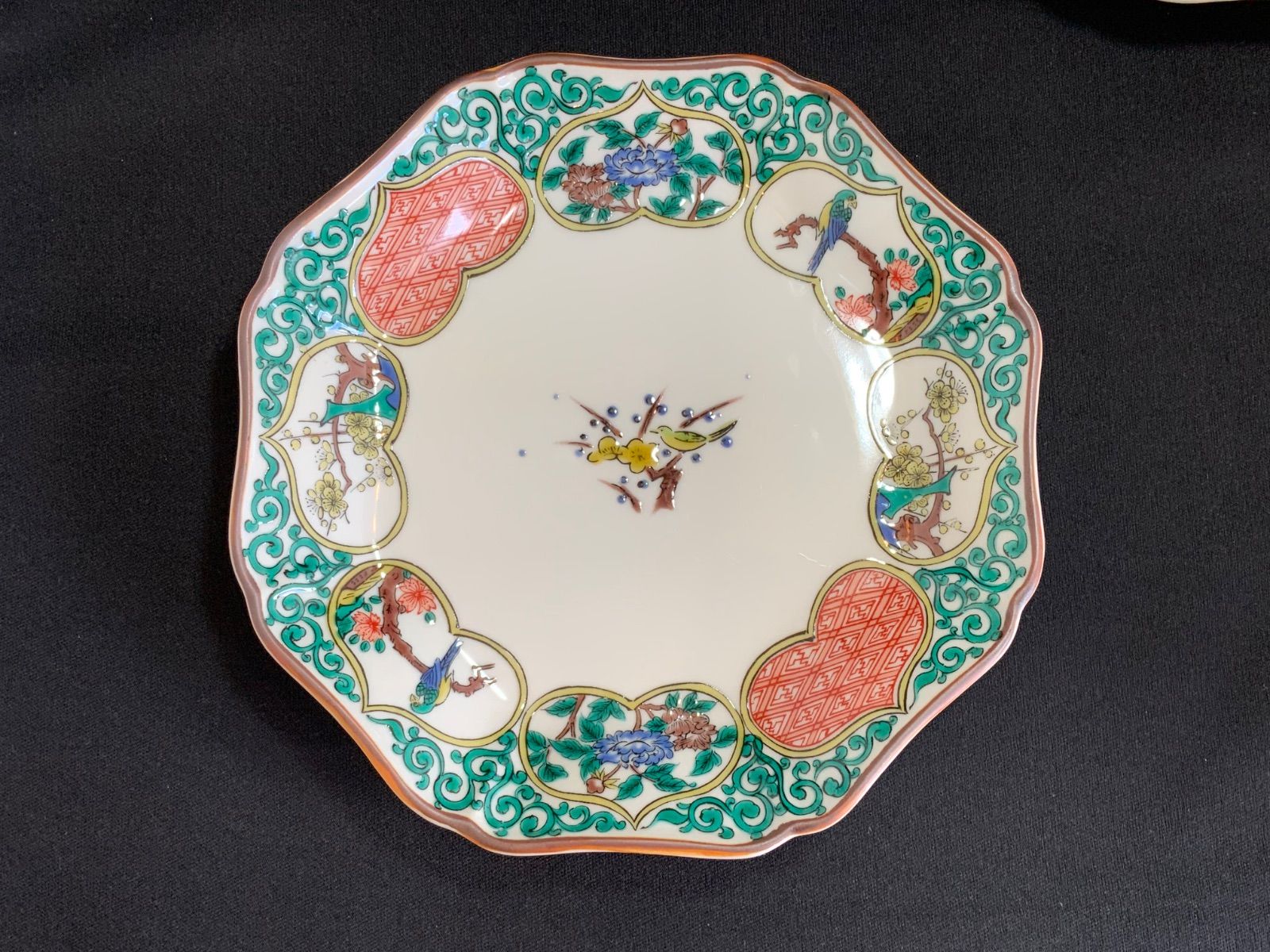 九谷焼　秋月　窓絵花鳥図　中皿　5枚セット 九谷焼 秋月 絵変わり 窓絵花鳥図 中皿揃 5枚 輪花皿