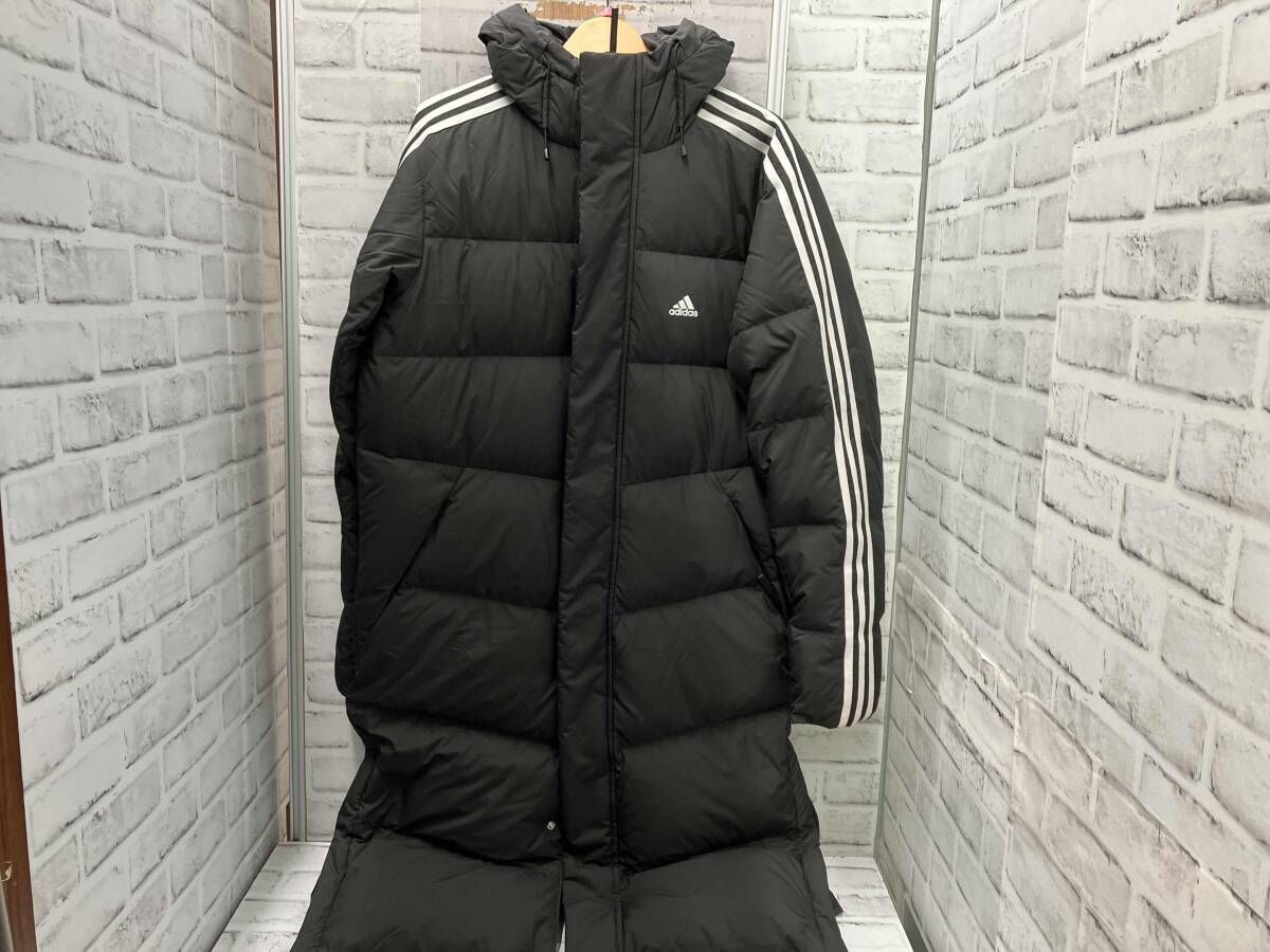 adidas|ロングダウンコート|Mサイズ|ブラック|フード付き|アディダス|3ストライプ|JG 5958