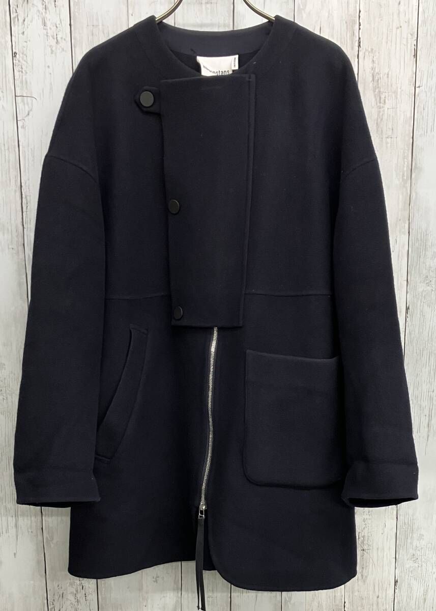 nagonstans Water Repellent メルトン ノーカラーコート ナゴンスタンス ウール ネイビー size M