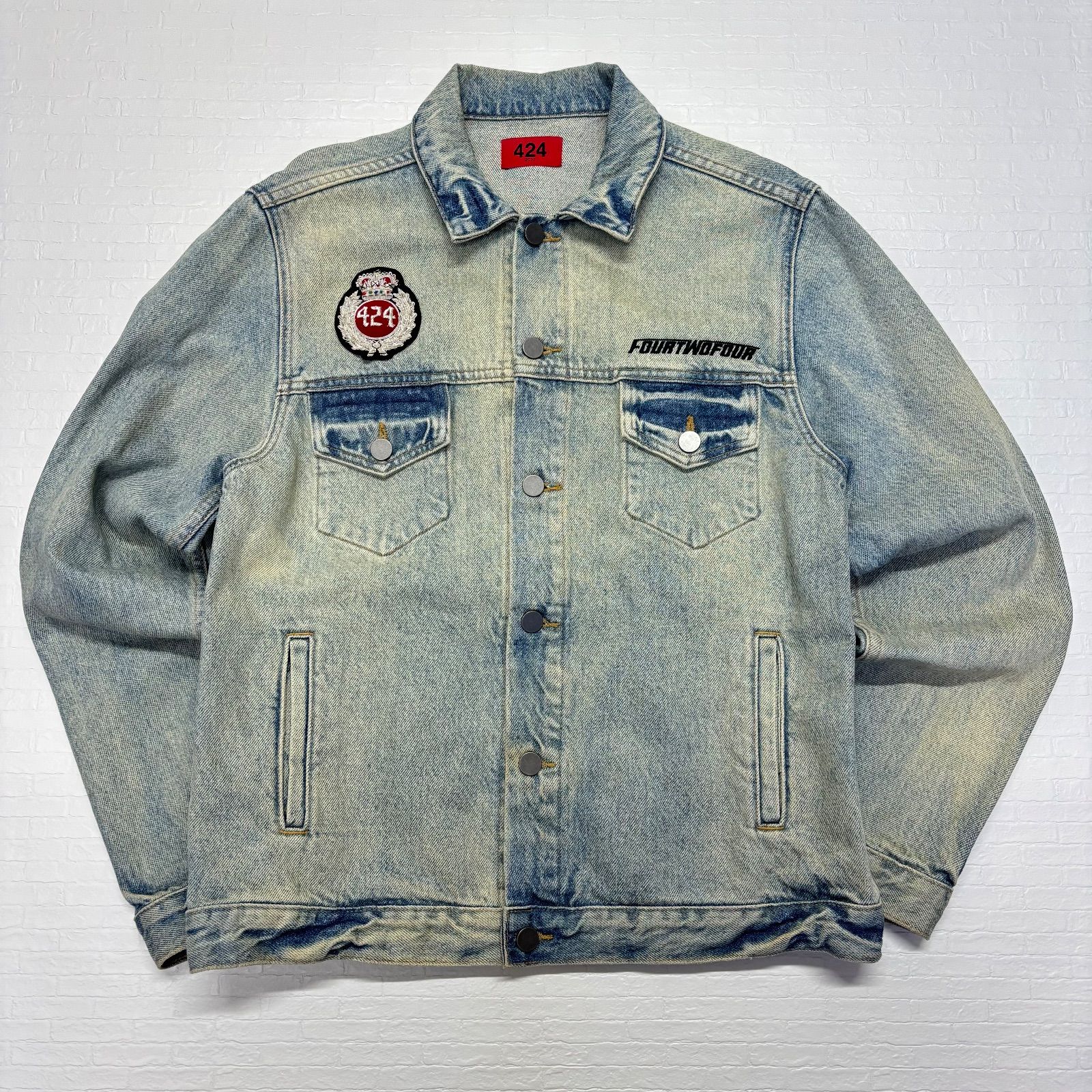 424 フォートゥーフォー デニムジャケット Gジャン S 刺繍 THE EARTH 袖ジップ ダメージ加工 インディゴ LAストリート ハイブランド 古着 メンズ 500 ST