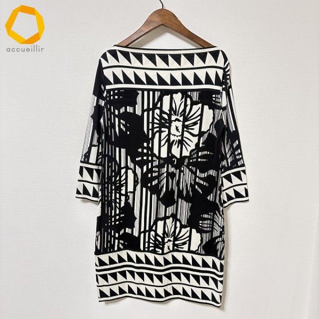 anc ダイアンフォンファステンバーグ DVF ワンピース 2 黒 白 シルク 七分袖 花柄 幾何学 レディース 850162