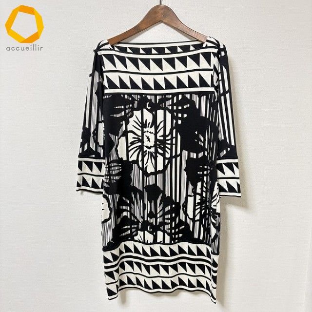 anc ダイアンフォンファステンバーグ DVF ワンピース 2 黒 白 シルク 七分袖 花柄 幾何学 レディース 850162