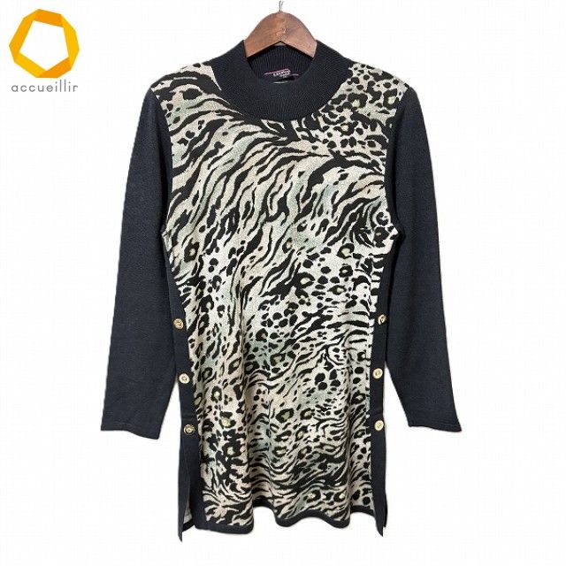wnc レオナール LEONARD チュニック M 黒系 ベージュ系 シルク混 ニット ハイネック ヒョウ柄 金ボタン レディース 870979