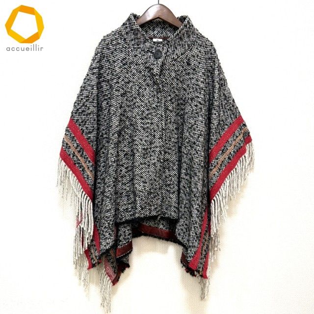 wnc ウンディッチ ノーベ ケープ 40 黒 白 赤 ツイード フリンジ アルパカ混 レディース 984275