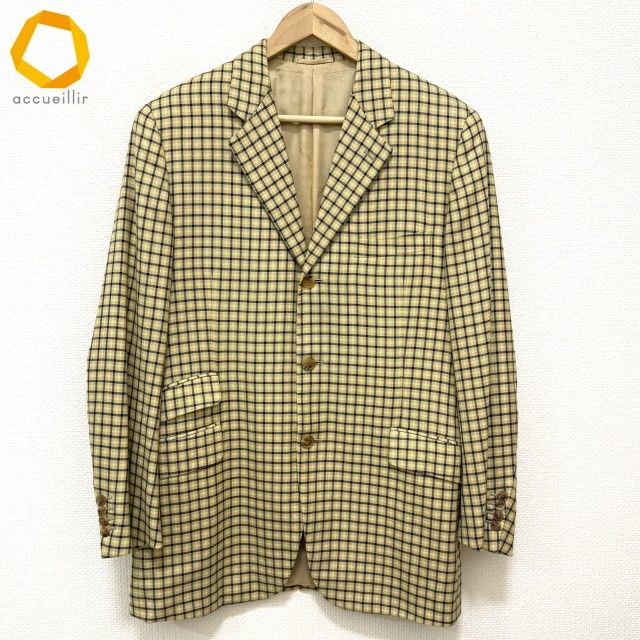 axc エルメス HERMES ジャケット 48 黄色系 濃紺 緑 チェック カシミア イタリア製 メンズ 939195
