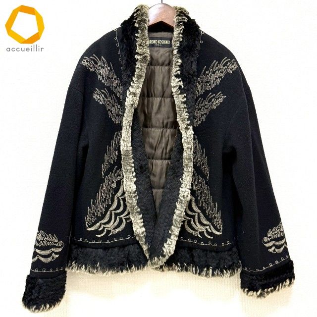 wnc ヒロココシノ ジャケット 9 黒 茶系 ゴールド 刺繍 柄 ラビットファー キルティング レディース 947718
