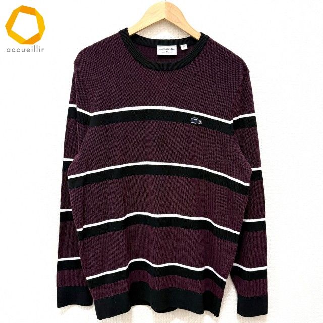 anc ラコステ LACOSTE ニット セーター 5 紫系 黒 白 ボーダー フランス製 メンズ 966684