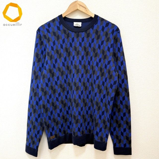 wnc ラコステ LACOSTE ニット セーター 5 青 濃紺 カーキ 総柄 メンズ 966685