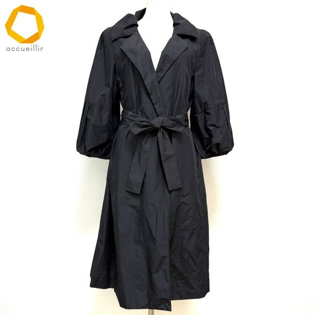 anc ユキトリイ コート 40 黒 薄手 光沢 ビジュー ベルト紐付き レディース 975509