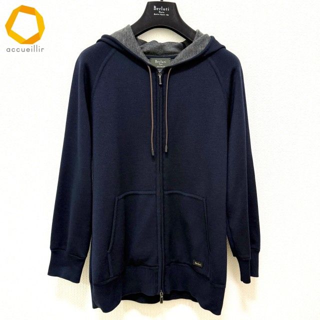 wnc ベルルッティ Berluti トレーナー パーカー 50 紺 グレー ジップアップ フード付き カシミヤ シルク混 ハンガー付き メンズ 979392