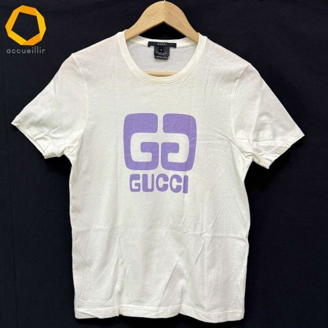 sxc グッチ GUCCI Tシャツ S 白 紫 半袖 カットソー ロゴプリント イタリア製 メンズ 979429