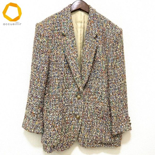 KANEKO ISAO 金ボタン チェック ノーカラー ツイードジャケット SET UP対応】金ボタンノーカラーツイードジャケット（テーラード