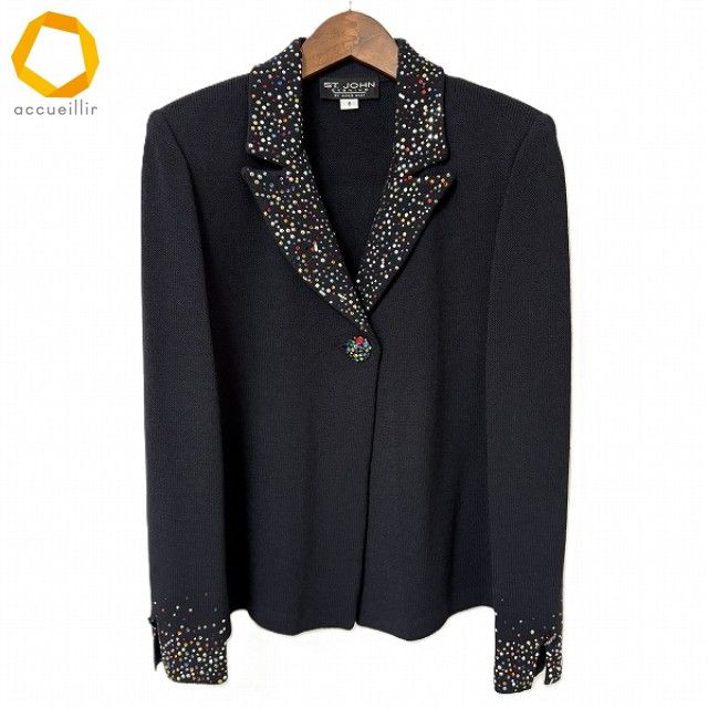 anc セントジョン St.JOHN ジャケット 8 黒 ニット ラインストーン レディース 980945