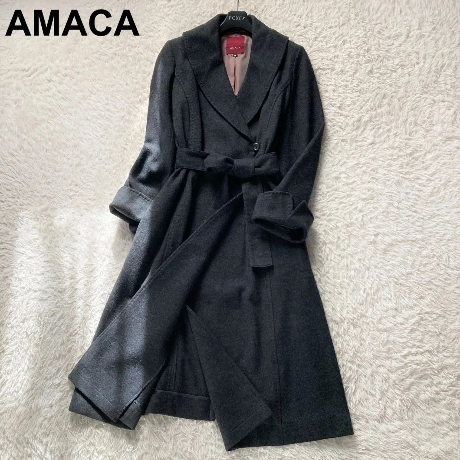 アマカ ダウンコート ロング ショールカラー ベルト Aライン 女優襟 黒 38 AMACA（アマカ） ショールカラー ダウンコート レディース 表記無 中古