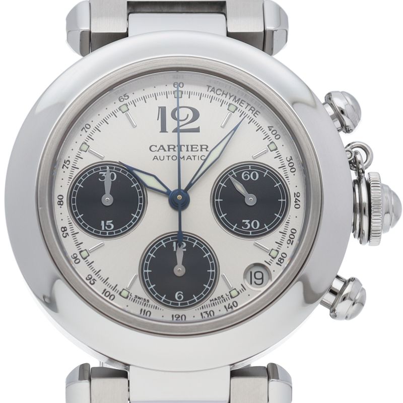 カルティエ パシャC クロノグラフ ウォッチ 箱 保証書 SS メンズ時計 シルバー|ブラック 仕上げ済