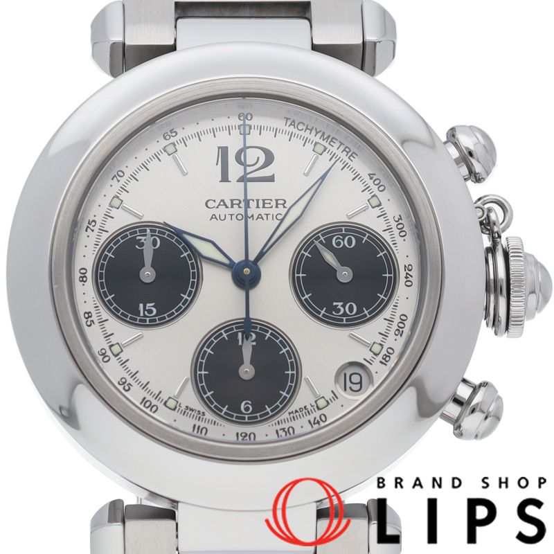 カルティエ パシャC クロノグラフ ウォッチ 箱 保証書 SS メンズ時計 シルバー|ブラック 仕上げ済