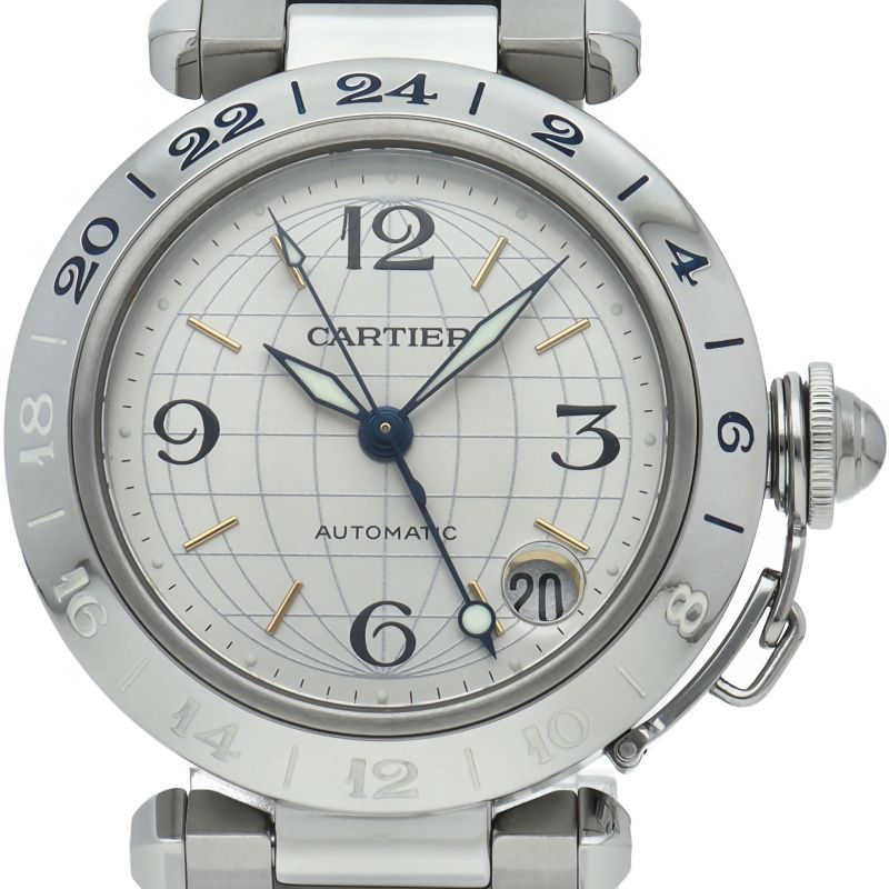 カルティエ パシャC メリディアン GMT ウォッチ 箱 保証書 SS メンズ時計 シルバー 仕上げ済