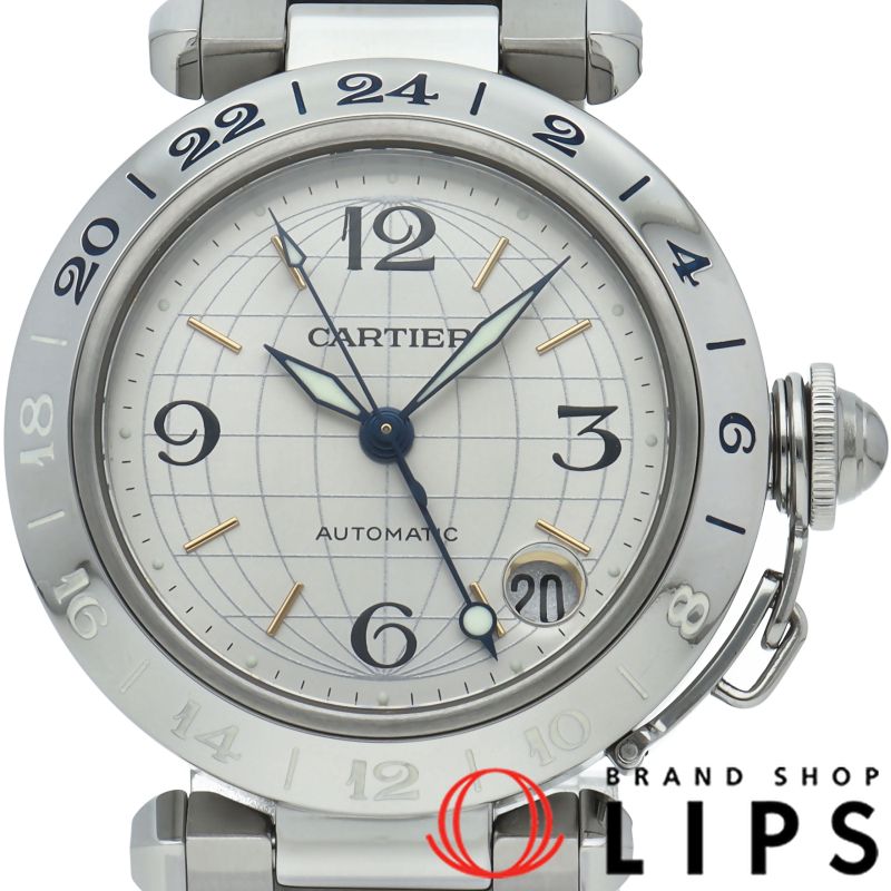 カルティエ パシャC メリディアン GMT ウォッチ 箱 保証書 SS メンズ時計 シルバー 仕上げ済