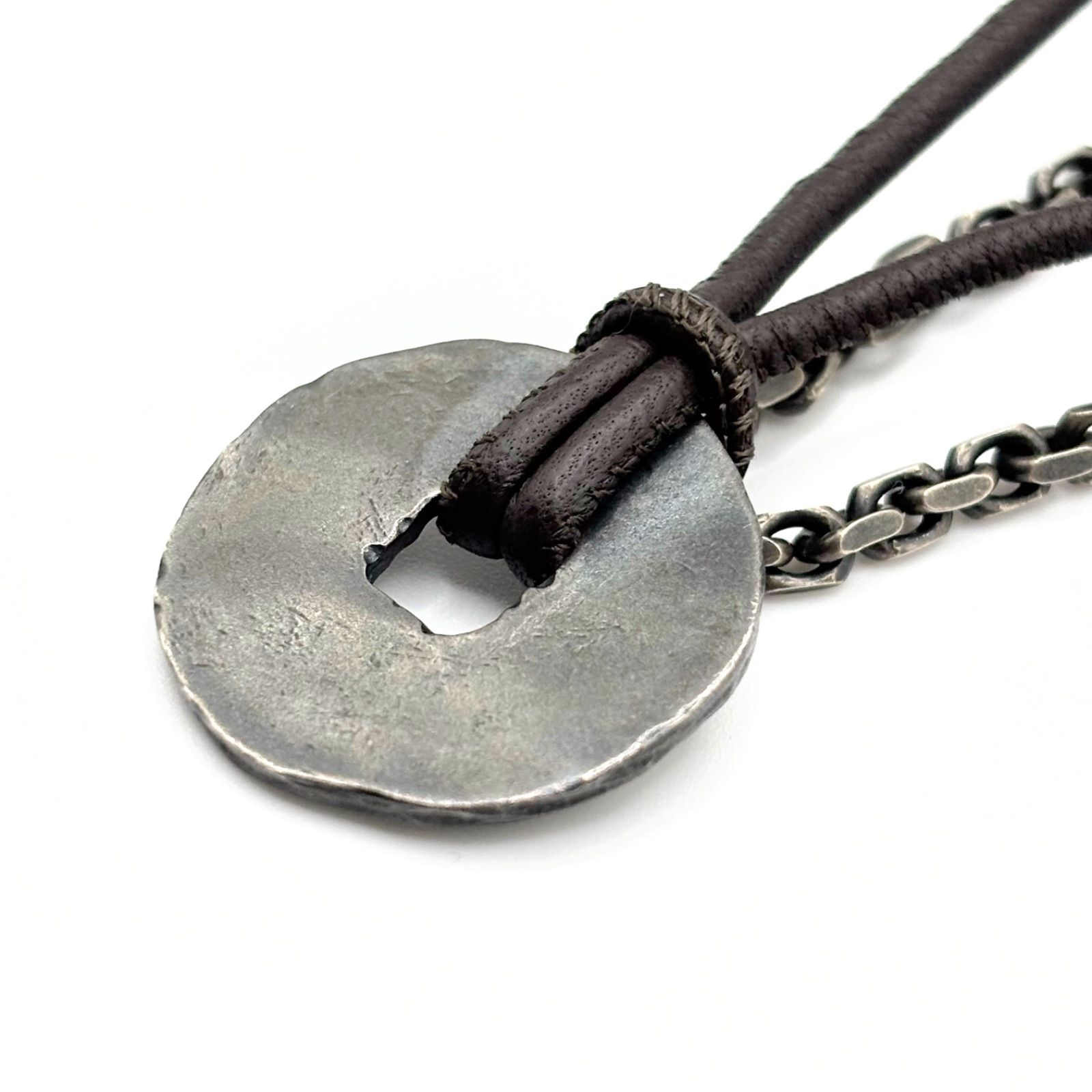 BOTTEGA VENETA ボッテガ ヴェネタ シルバーチェーン レザー コード ダブル 2連 プレート 925 銀 イントレチャート ダークブラウン メンズ レディース ユニセックス