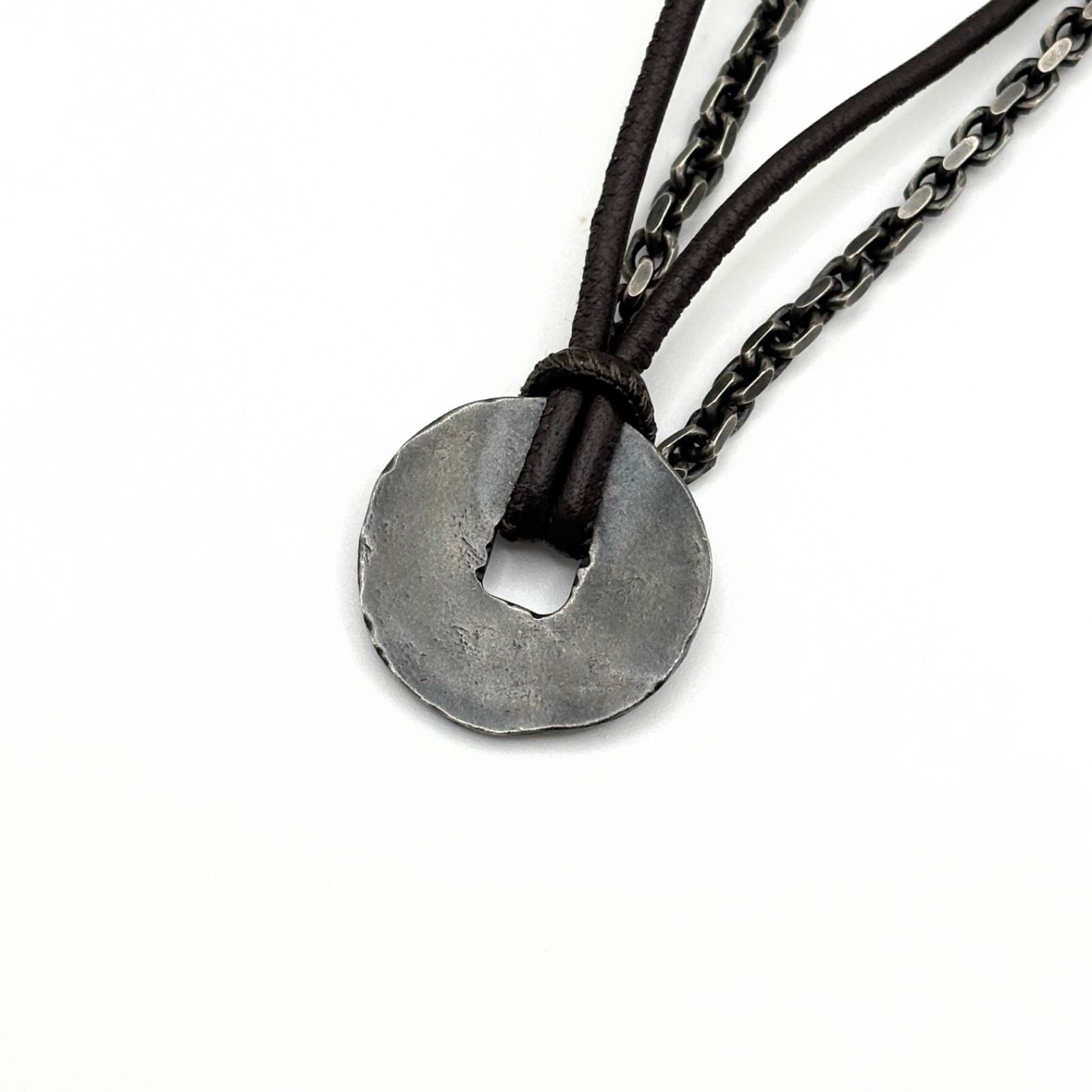 BOTTEGA VENETA ボッテガ ヴェネタ シルバーチェーン レザー コード ダブル 2連 プレート 925 銀 イントレチャート ダークブラウン メンズ レディース ユニセックス