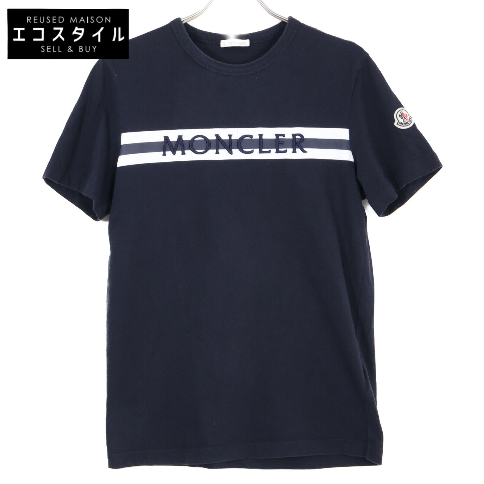 MONCLER モンクレール ﾈｲﾋﾞｰ 21年 ﾛｺﾞ×ｽﾄﾗｲﾌﾟﾌﾟﾘﾝﾄ 半袖Tｼｬﾂ S