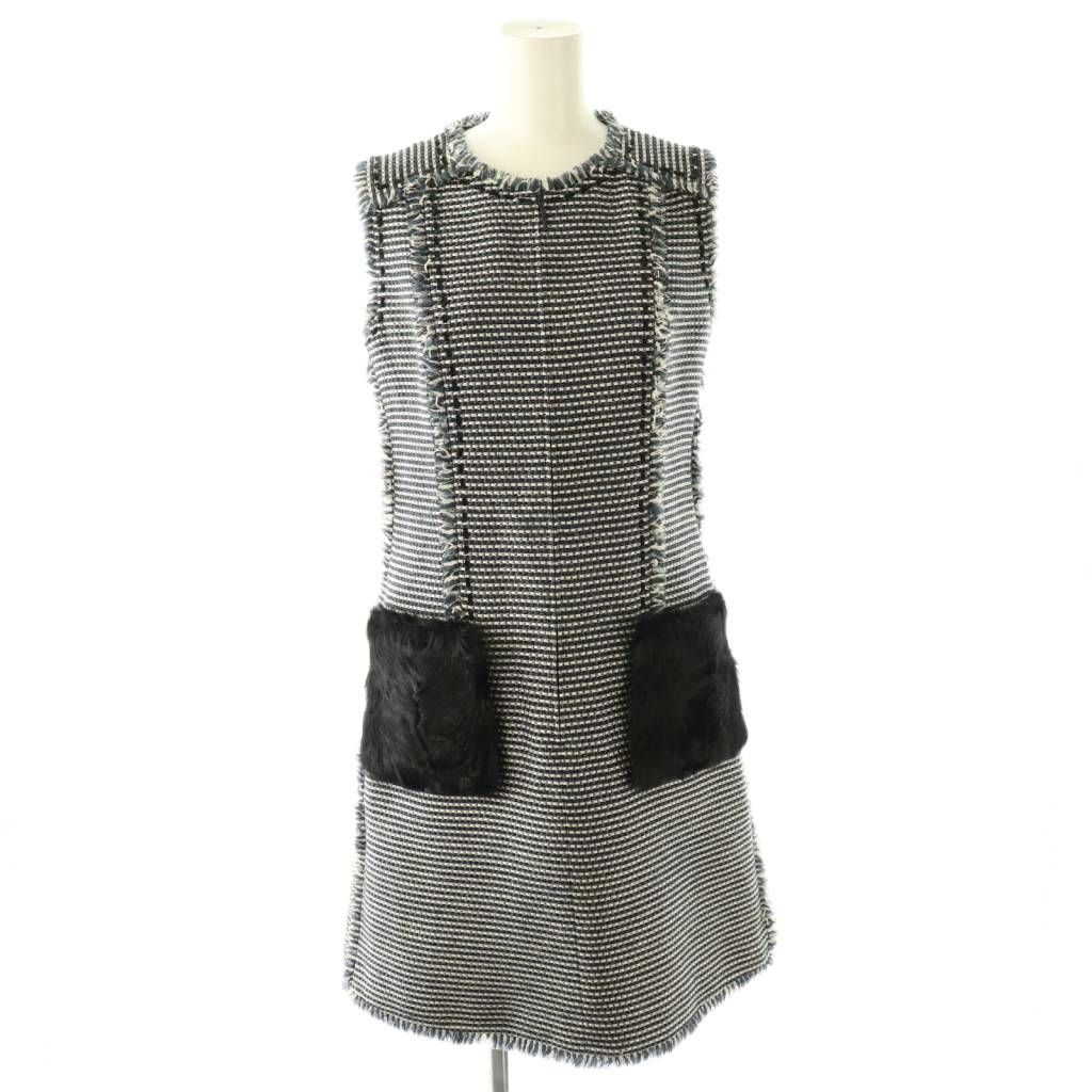 ルネ Rene TISSUE ポケットファー ツイードワンピース 膝丈