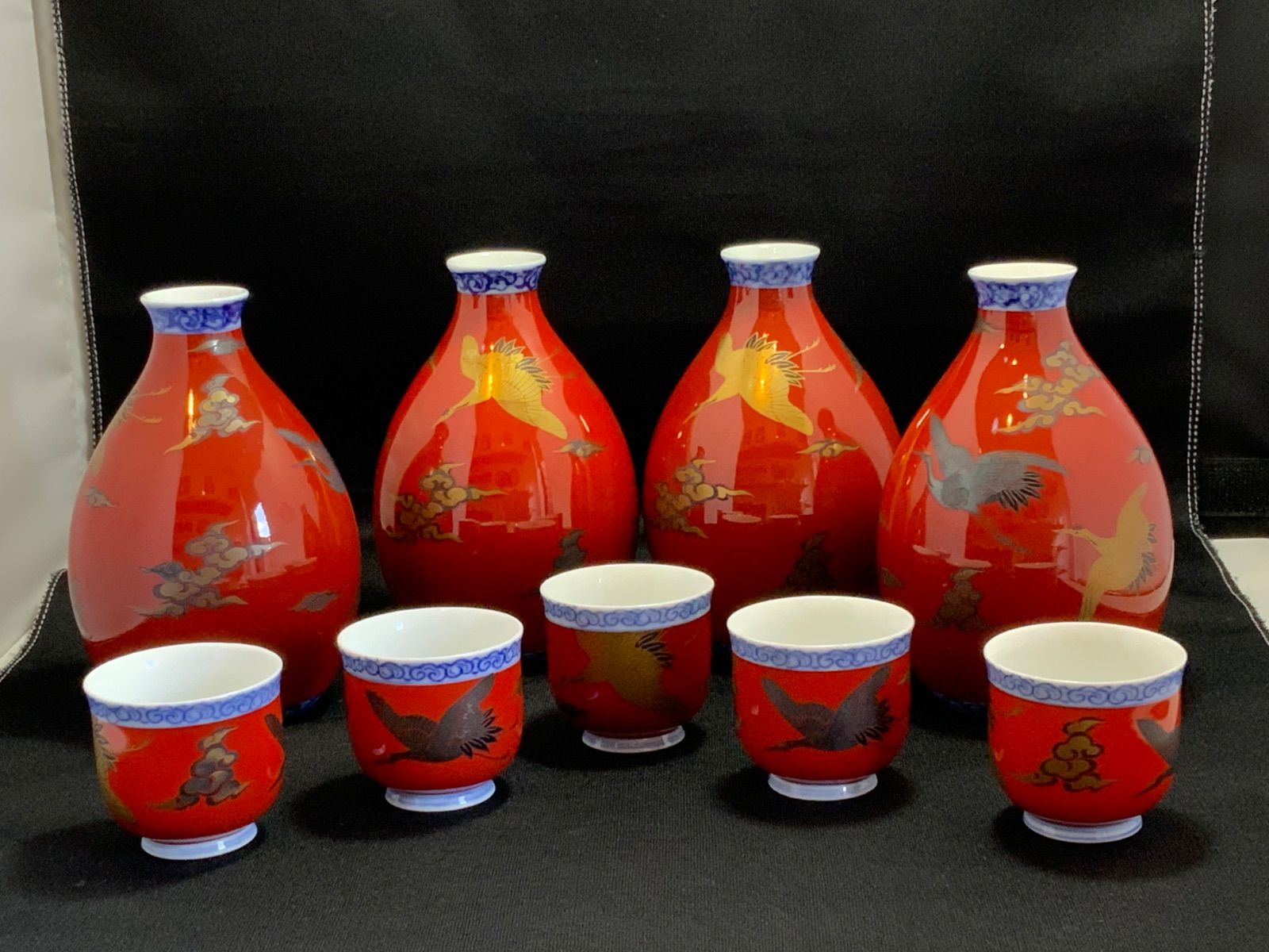 深川製磁 酒器揃え 染錦手波鶴紋 宮内庁御用達 朱色 金彩 有田焼