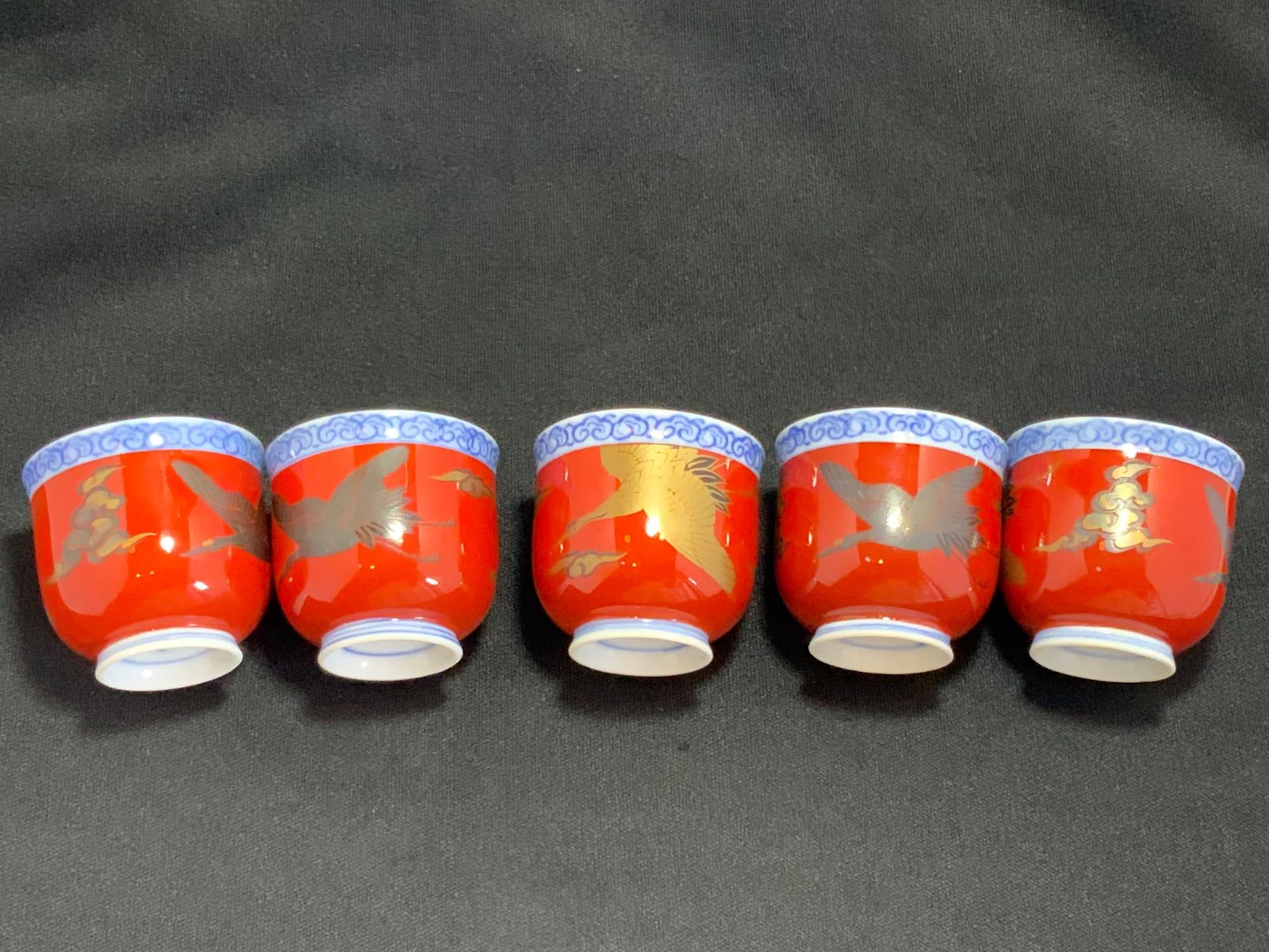 深川製磁 酒器揃え 染錦手波鶴紋 宮内庁御用達 朱色 金彩 有田焼