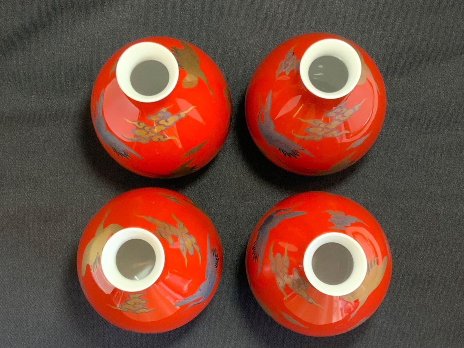 深川製磁 酒器揃え 染錦手波鶴紋 宮内庁御用達 朱色 金彩 有田焼