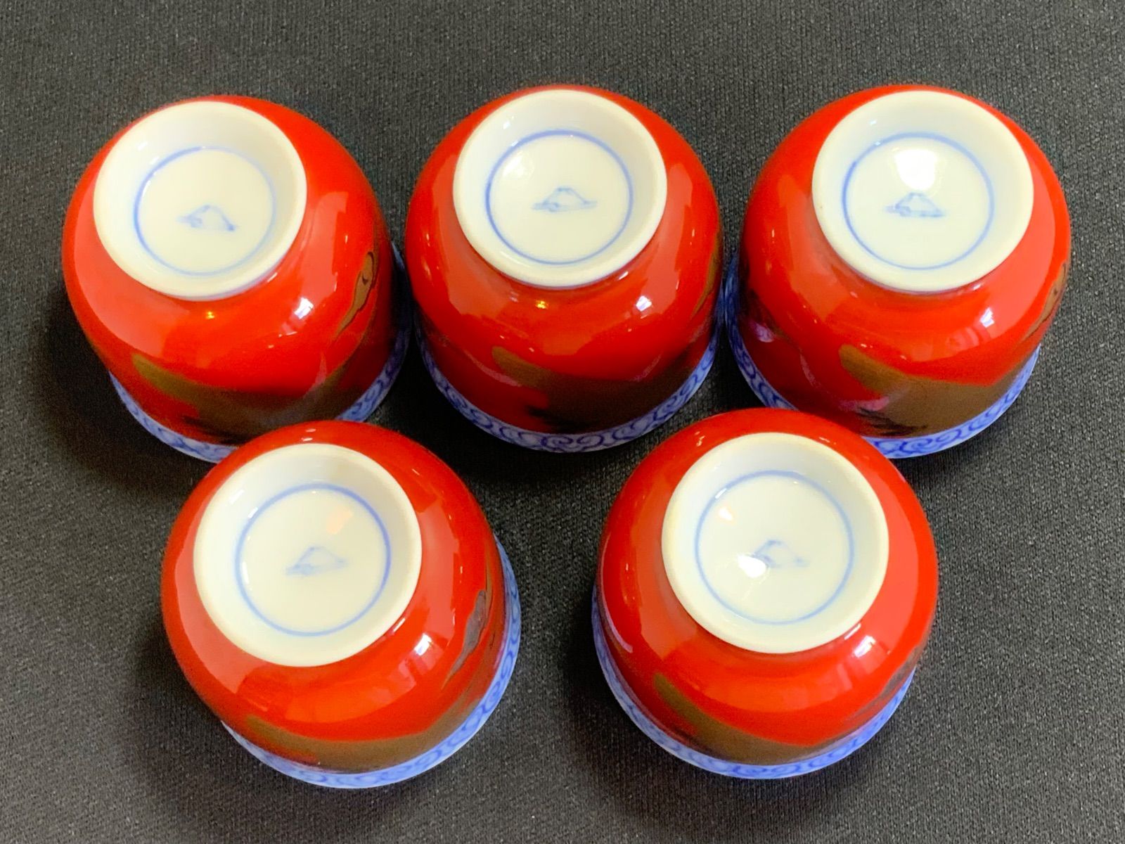 深川製磁 酒器揃え 染錦手波鶴紋 宮内庁御用達 朱色 金彩 有田焼