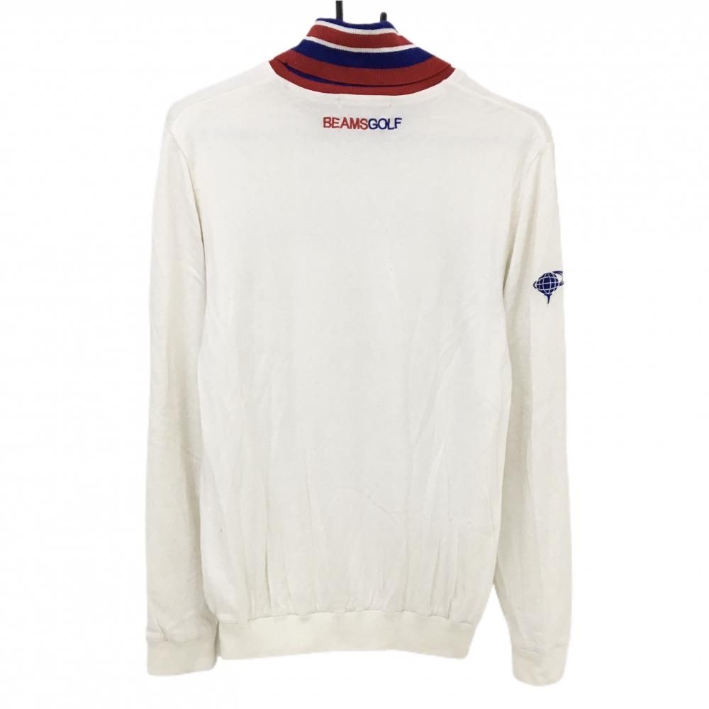 ビームスゴルフ タートルネックセーター 白×ブルー 胸元ロゴ ネック