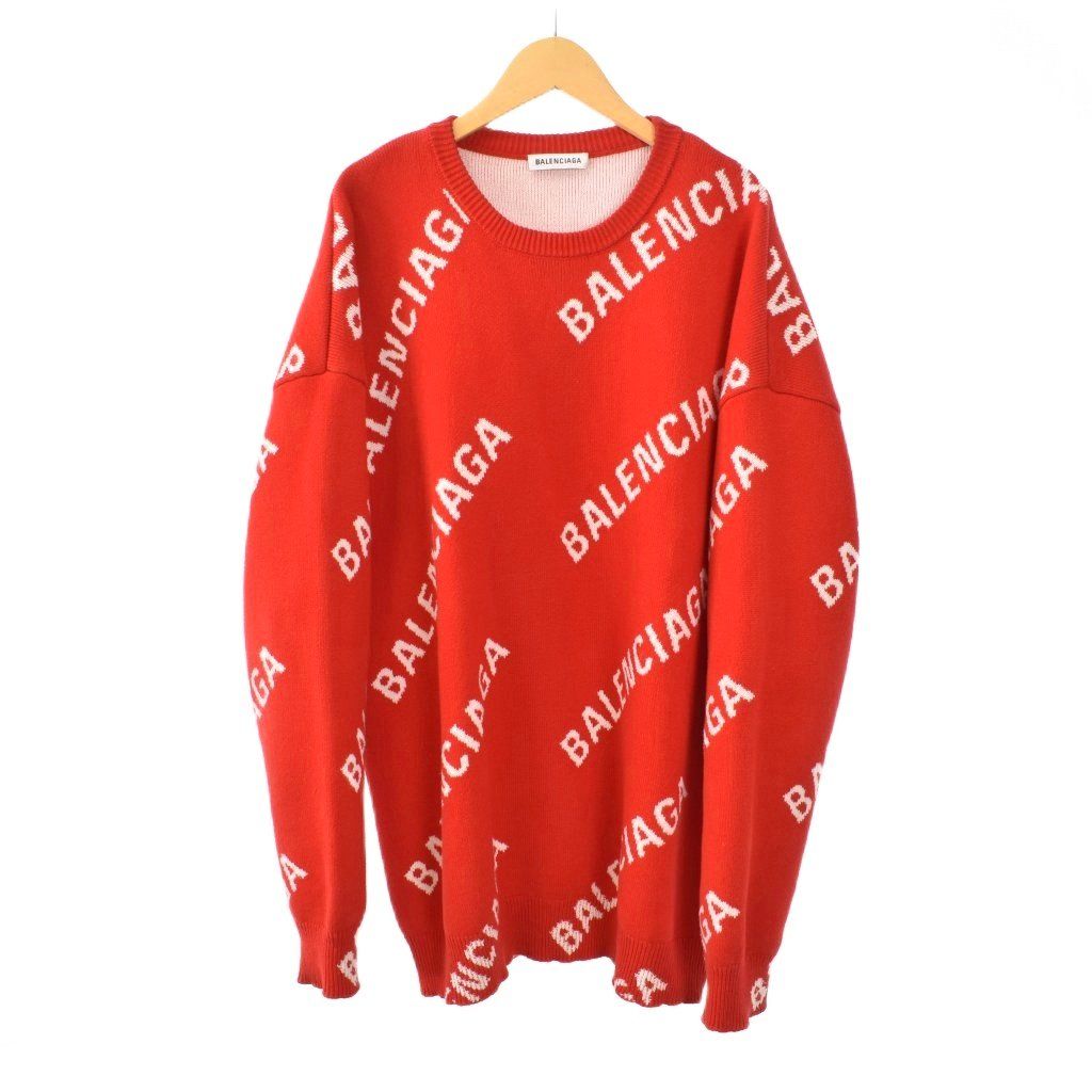 バレンシアガ オールオーバーロゴ ニット セーター 長袖 S 赤 レッド 625329 AA
