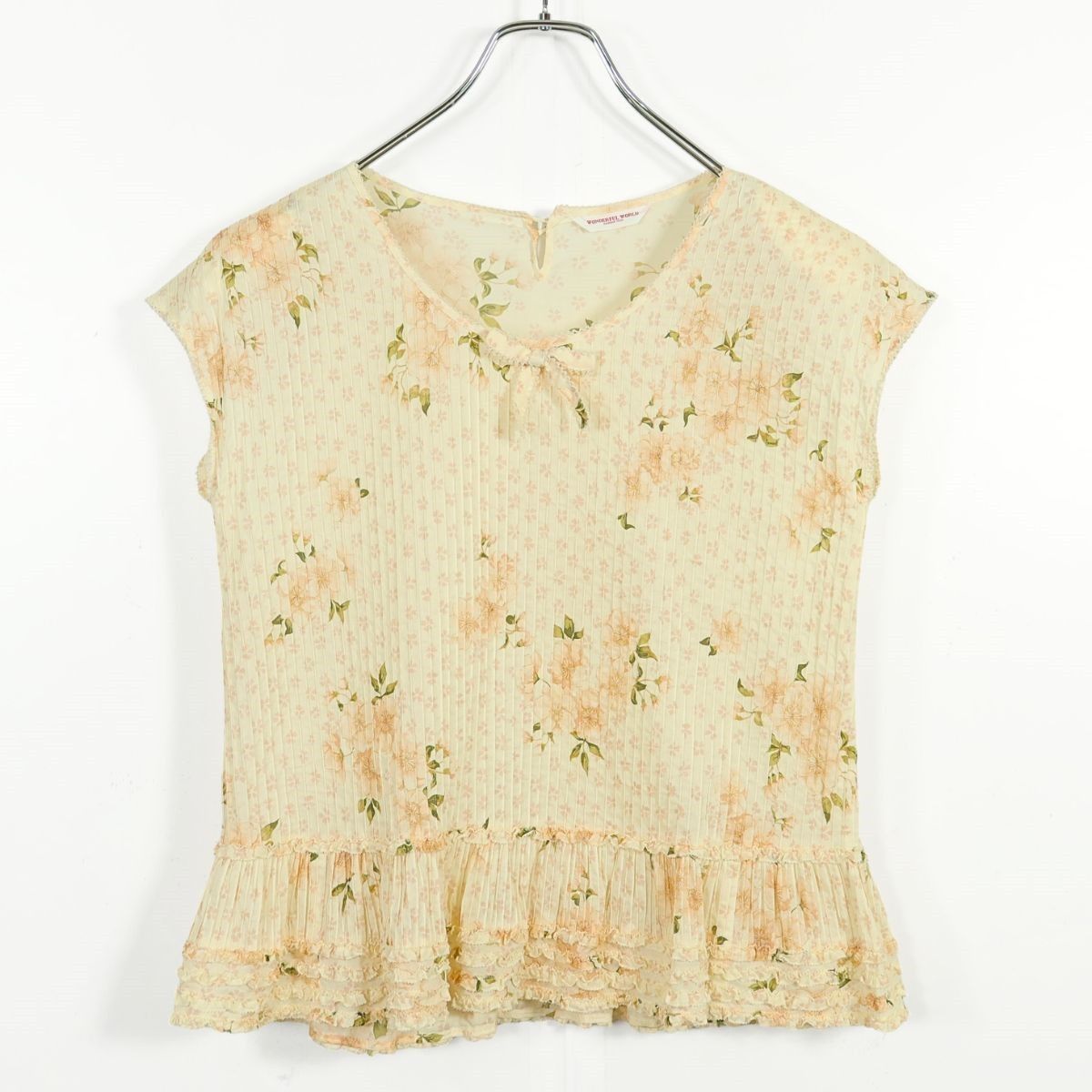 ワンダフルワールド カネコイサオ 桜pt ♪リボン付きブラウス 薄オレンジ系 段々フリル♪薄手 z 17020