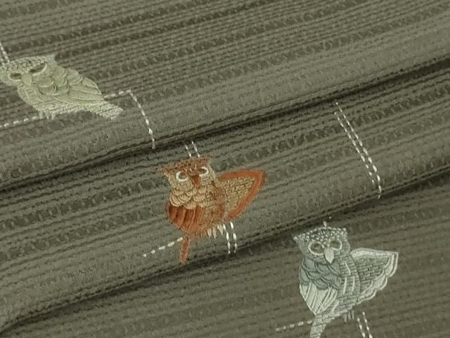 平和屋着物● 上 訪問着 刺し子 総刺繍 梟 ふくろう 紫鼠色地 ♥ kh 6