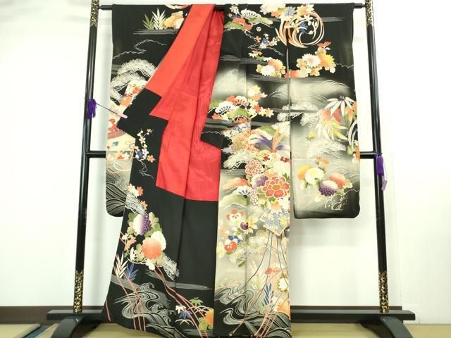 平和屋着物● 上 アンティーク 大正ロマン 振袖 駒刺繍 御所車 花薬玉 黒地 暈し染め 金彩 kh 6
