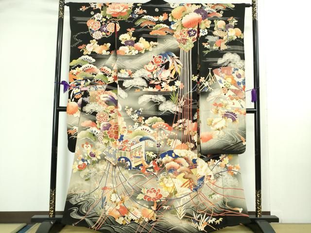 平和屋着物● 上 アンティーク 大正ロマン 振袖 駒刺繍 御所車 花薬玉 黒地 暈し染め 金彩 kh 6