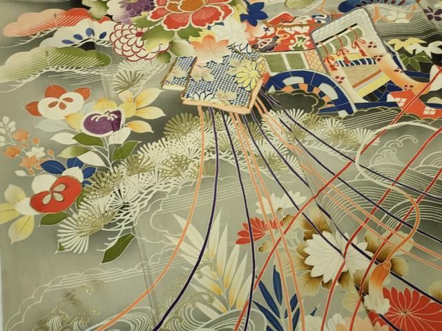  平和屋着物● 上 アンティーク 大正ロマン 振袖 駒刺繍 御所車 花薬玉 黒地 暈し染め 金彩 kh 6 振袖 着物