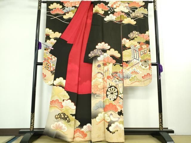 平和屋着物○極上 アンティーク 大正ロマン 振袖 駒刺繍 御所車松文