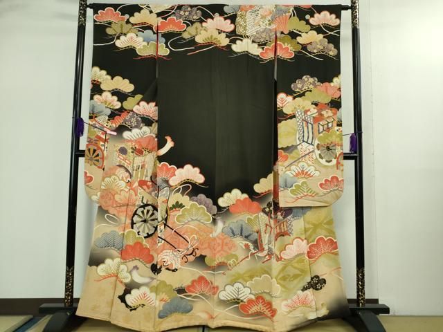 平和屋着物■極上　アンティーク　大正ロマン　振袖　御所車松文　暈し染め　逸品　DZAA8512kh5 平和屋着物○極上 アンティーク 大正ロマン 振袖 駒刺繍 御所車松文