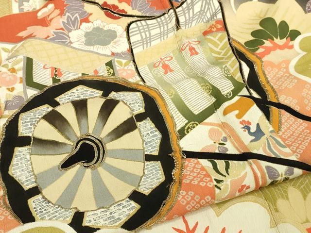  平和屋着物● 上 アンティーク 大正ロマン 振袖 駒刺繍 御所車松文 黒地 暈し染め 金糸 kh 6 振袖 着物