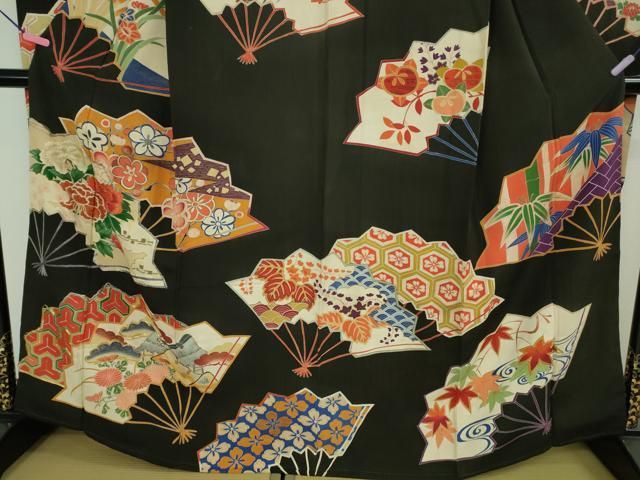  平和屋着物● 上 アンティーク 大正ロマン 振袖 駒刺繍 扇面吉祥花文 黒地 金銀糸 kh 6 振袖 着物