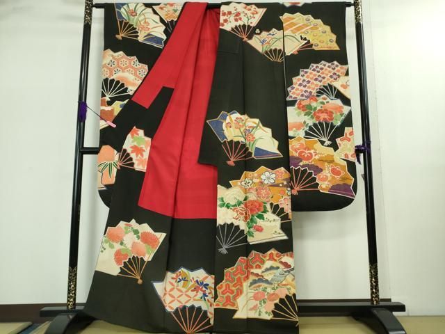 平和屋着物● 上 アンティーク 大正ロマン 振袖 駒刺繍 扇面吉祥花文 黒地 金銀糸 kh 6
