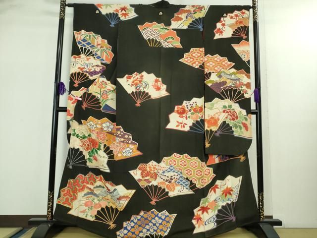 平和屋着物● 上 アンティーク 大正ロマン 振袖 駒刺繍 扇面吉祥花文 黒地 金銀糸 kh 6