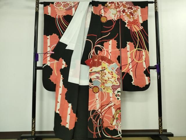 平和屋着物● 上 アンティーク 大正ロマン 振袖 檜扇花文 黒地 金彩 kh 6