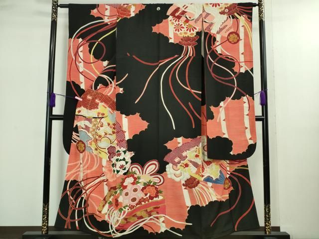 平和屋着物● 上 アンティーク 大正ロマン 振袖 檜扇花文 黒地 金彩 kh 6