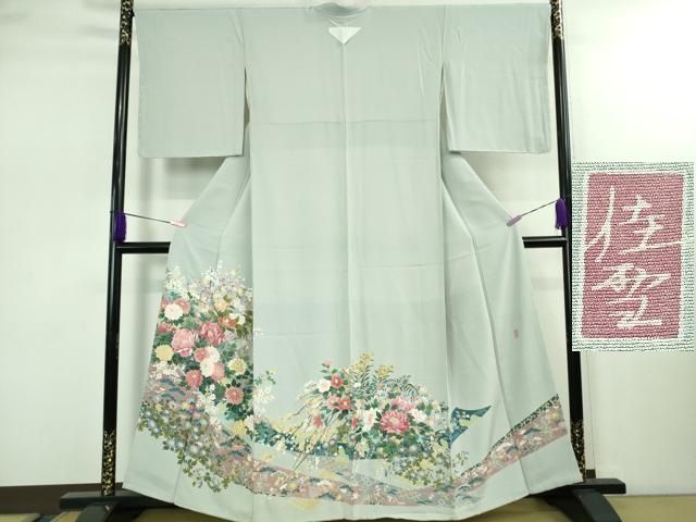 平和屋着物● 上 十日町友禅作家 阿部佳雪 色留袖 鬘帯花文 秘色色地 ♥ kh 6