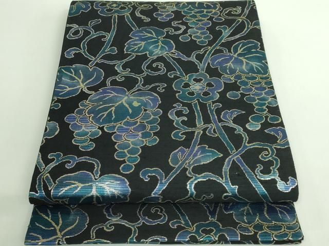 平和屋着物○極上 六通柄袋帯 葡萄蔦の葉文 黒地 金糸 逸品